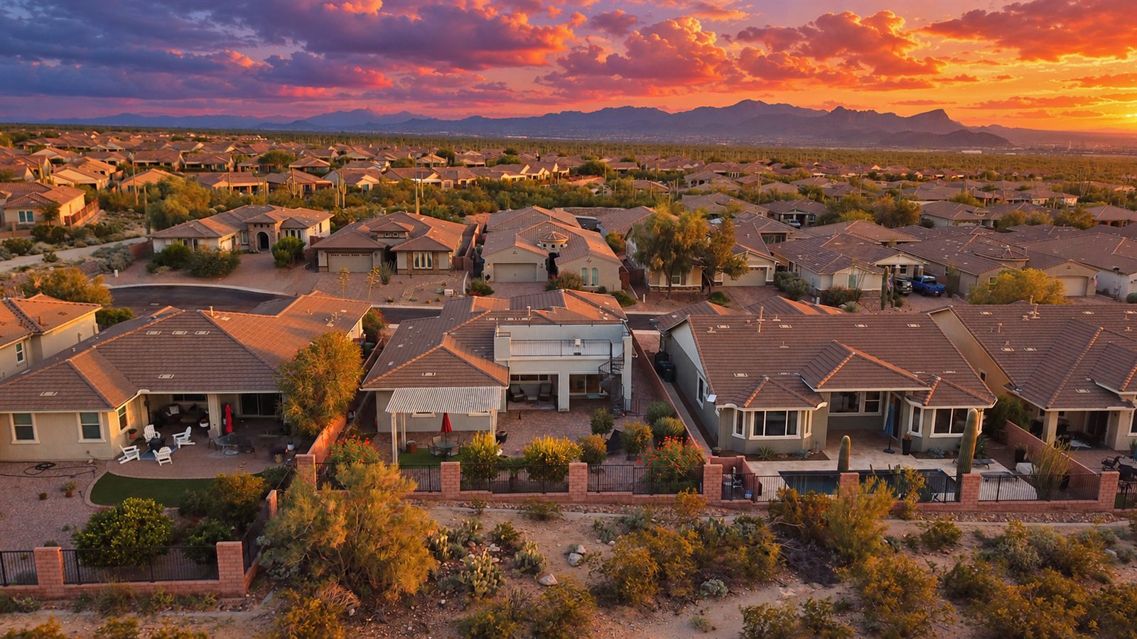 Sunset drone view over a Tucson-area community with mountains
